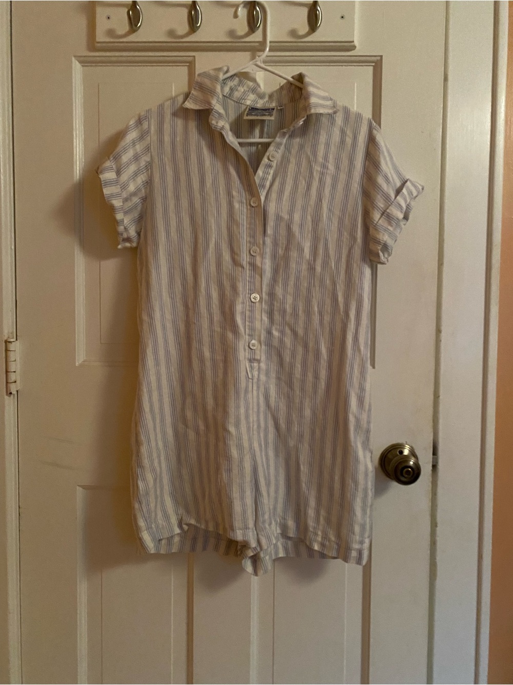 Jungmaven Blue and White Striped Short-Sleeve Romper